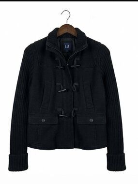 GAP Classic Black Wool-Blend Toggle Pea Coat with Ribbed Sleeves S